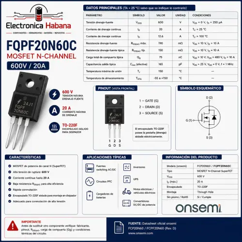 MOSFET FQPF20N60C (20N60) TO-220F – 600 V / 20 A — imagen 2