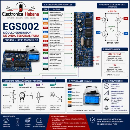 Kit EGS002 para inversor senoidal – EG8010 + IR2110S + LCD — imagen 2