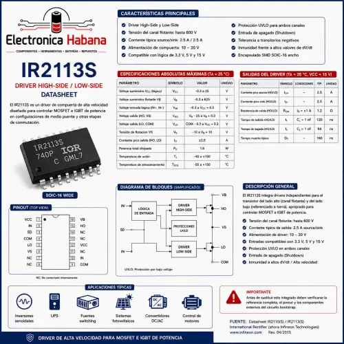 Driver High-Side y Low-Side IR2113S – 600 V / 2.5 A — imagen 2