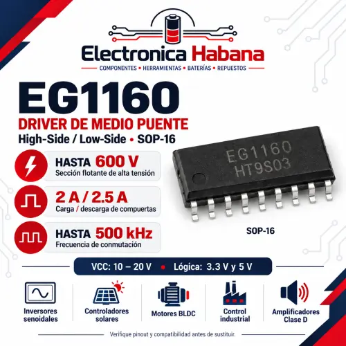 Driver de medio puente EG1160 SOP-16 – 600 V / 2 A–2.5 A — imagen 1