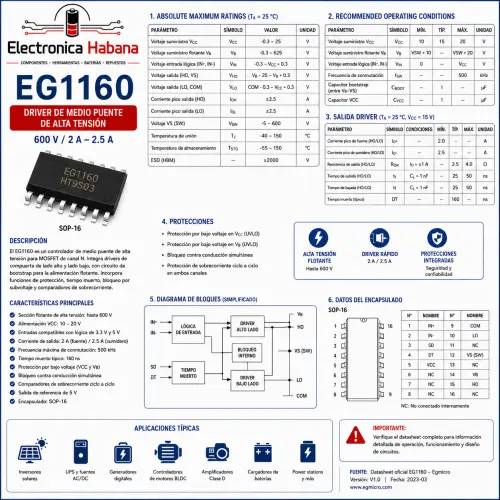 Driver de medio puente EG1160 SOP-16 – 600 V / 2 A–2.5 A — imagen 2