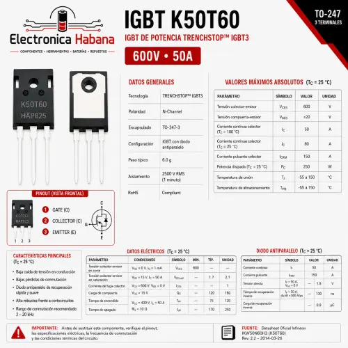 IGBT K50T60 (IKW50N60T) TO-247 – 600 V / 50 A — imagen 2