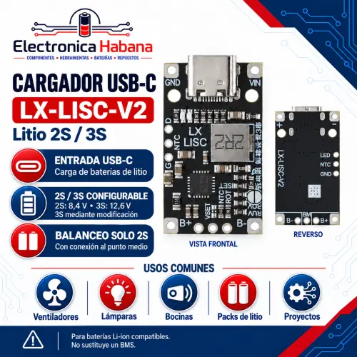 Módulo Cargador USB-C para Baterías de Litio 2S / 3S – LX-LISC-V2 — imagen 1