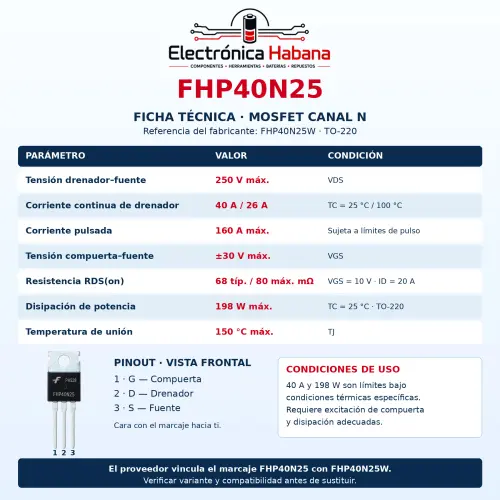 MOSFET FHP40N25 – Canal N, 250 V / 40 A, TO-220 — imagen 2