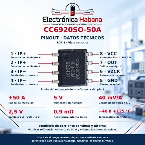 Sensor de Corriente Hall CC6920SO-50A – 5 V, SOP-8 — imagen 2