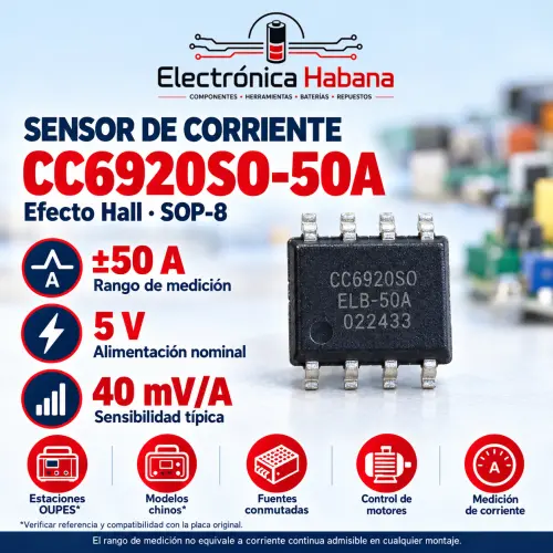 Sensor de Corriente Hall CC6920SO-50A – 5 V, SOP-8 — imagen 1