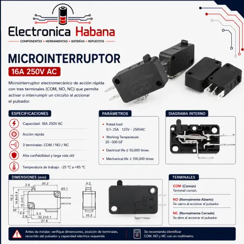 Microinterruptor de 3 Pines – 16 A / 250 V AC — imagen 2