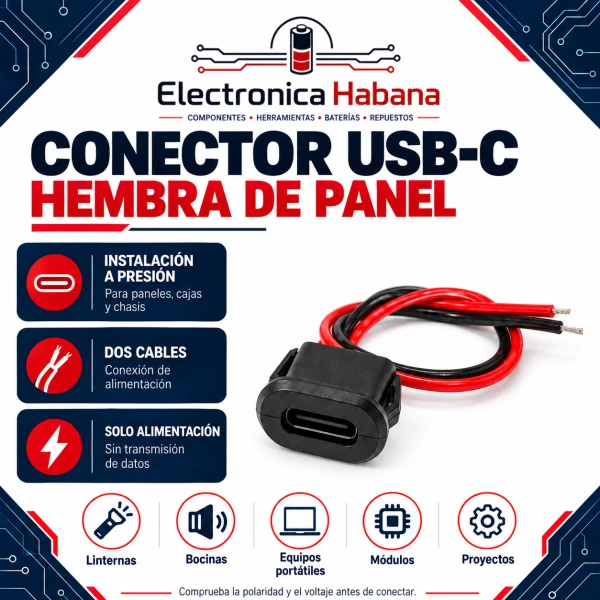 Conector USB-C Hembra de Panel con 2 Cables – Solo Alimentación's foto | Electrónica Habana |  BizneCubano