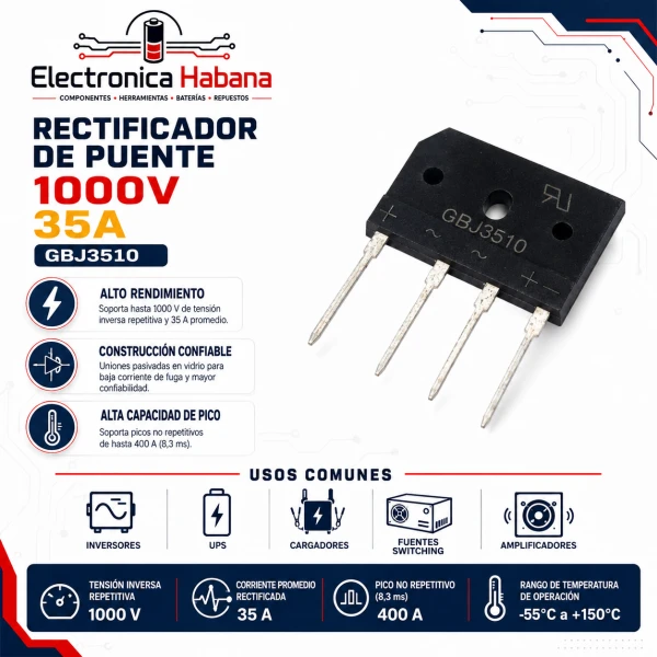Puente Rectificador GBJ3510 – 1000 V / 35 A's foto | Electrónica Habana |  BizneCubano