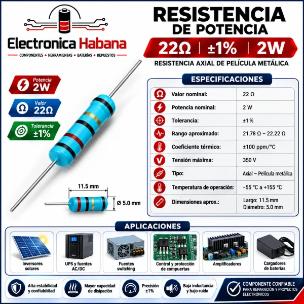 Resistencia de potencia 22 Ω / 2 W / ±1 %'s foto | Electrónica Habana |  BizneCubano