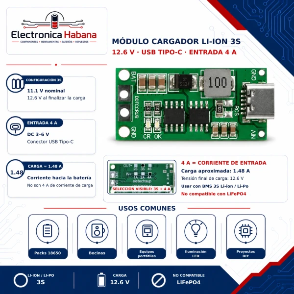 Módulo Cargador Li-ion 3S 12.6V USB Tipo-C – Entrada 4A's foto | Electrónica Habana |  BizneCubano