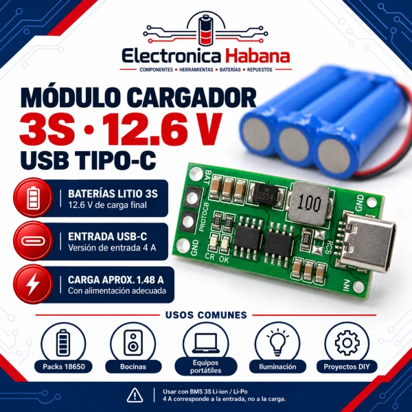 Módulo Cargador Li-ion 3S 12.6V USB Tipo-C – Entrada 4A's foto | Electrónica Habana |  BizneCubano