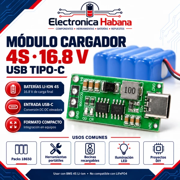 Módulo Cargador para Baterías de Litio 4S 16.8V – 4A USB Tipo-C's foto | Electrónica Habana |  BizneCubano