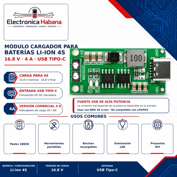 Módulo Cargador para Baterías de Litio 4S 16.8V – 4A USB Tipo-C's foto | Electrónica Habana |  BizneCubano