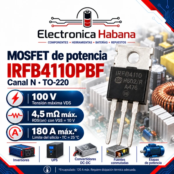 MOSFET IRFB4110 – Canal N 100V 180A TO-220's foto | Electrónica Habana |  BizneCubano