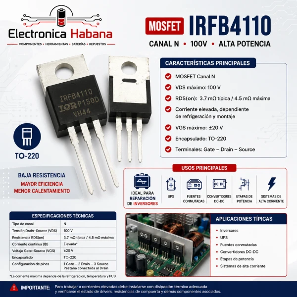 MOSFET IRFB4110 – Canal N 100V 180A TO-220's foto | Electrónica Habana |  BizneCubano