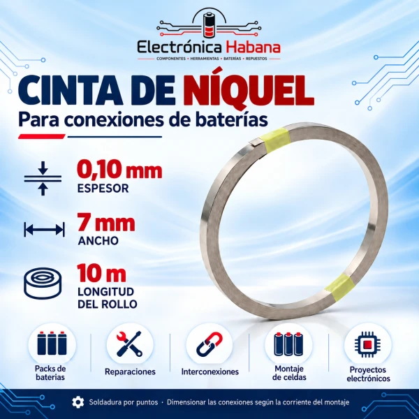 Cinta de Níquel para Baterías 0,10 × 7 mm × 10 m's foto | Electrónica Habana |  BizneCubano