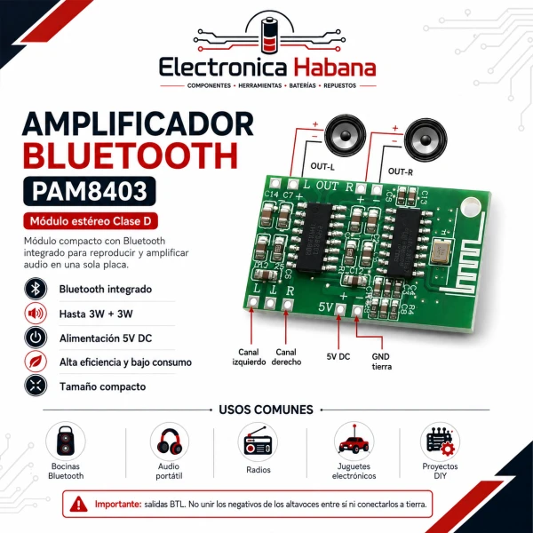 Amplificador de Audio PAM8403 con Bluetooth Integrado – 2×3W's foto | Electrónica Habana |  BizneCubano