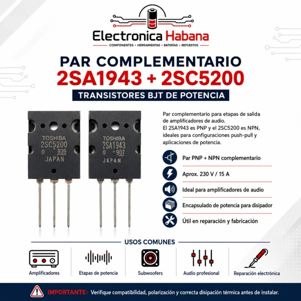 Par de Transistores 2SA1943 + 2SC5200 para Amplificadores de Audio's foto | Electrónica Habana |  BizneCubano