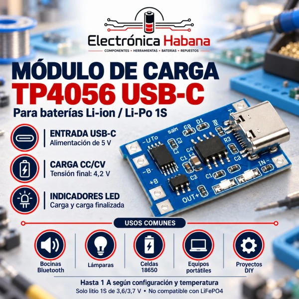Módulo de Carga TP4056 USB Tipo-C para Litio 1S's foto | Electrónica Habana |  BizneCubano