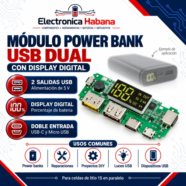 Módulo Power Bank USB Dual con Display Digital – 5 V / 2.4 A's foto | Electrónica Habana |  BizneCubano