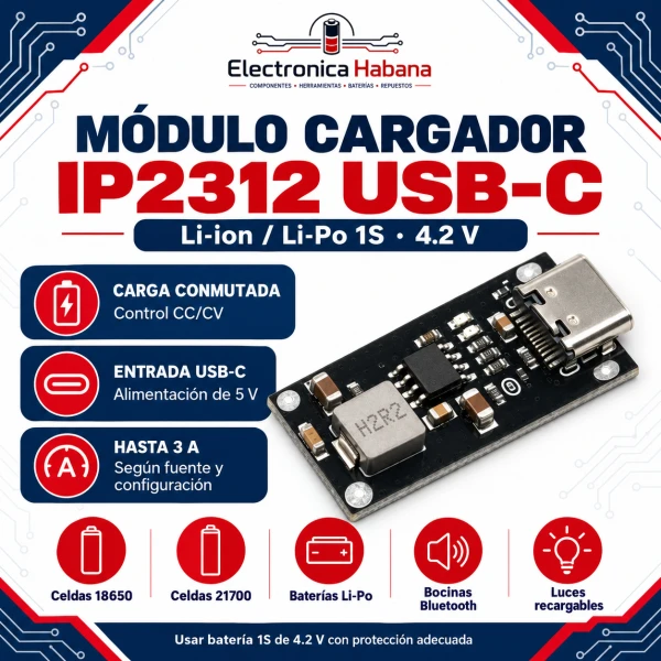 Módulo Cargador IP2312 USB Tipo-C – 5V a 4.2V / Hasta 3A para Litio 1S's foto | Electrónica Habana |  BizneCubano