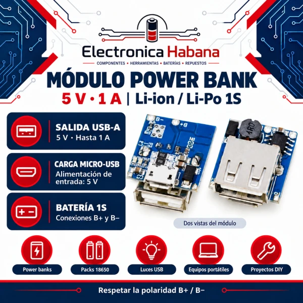 Módulo Power Bank Elevador 5V 1A para Batería de Litio 1S's foto | Electrónica Habana |  BizneCubano