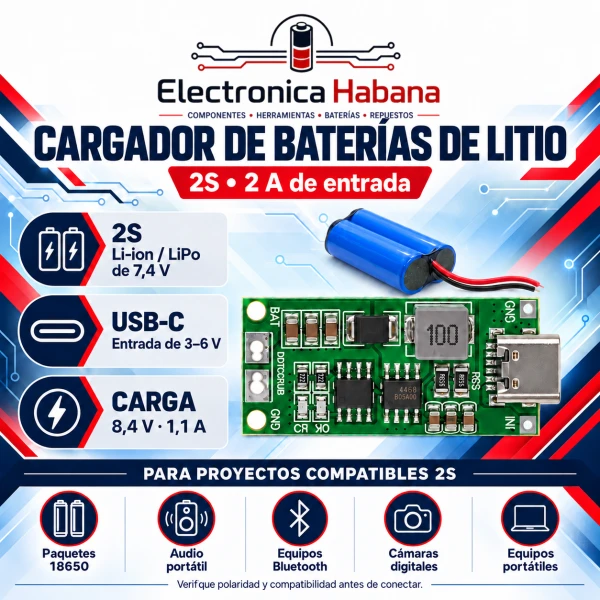 Cargador de baterías de litio 2S con USB-C — 2A's foto | Electrónica Habana |  BizneCubano