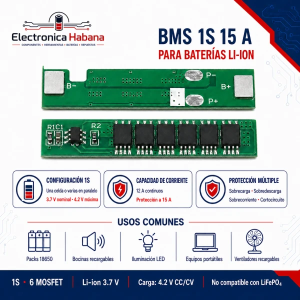 BMS 1S 3.7V 15A para Baterías de Litio's foto | Electrónica Habana |  BizneCubano