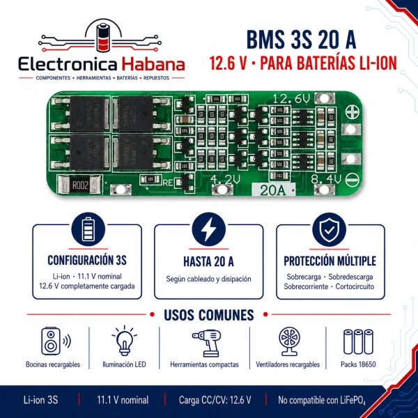BMS 12.6V 3S 20A para Baterías de Litio's foto | Electrónica Habana |  BizneCubano