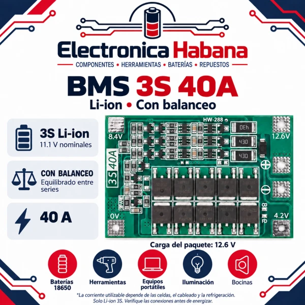 BMS Li-ion 3S 12.6V 40A con Balanceo's foto | Electrónica Habana |  BizneCubano