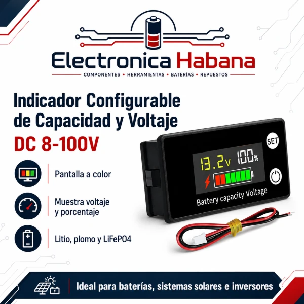 Indicador Configurable de Capacidad y Voltaje DC 8-100V's foto | Electrónica Habana |  BizneCubano