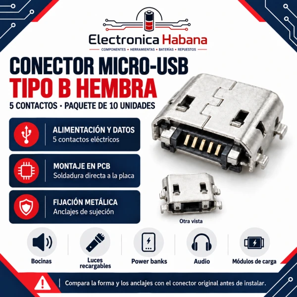 Conector Micro-USB Tipo B Hembra de 5 Pines – Paquete de 10 Unidades's foto | Electrónica Habana |  BizneCubano