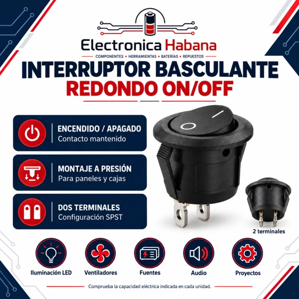 Interruptor Basculante Redondo ON/OFF – 2 Pines's foto | Electrónica Habana |  BizneCubano