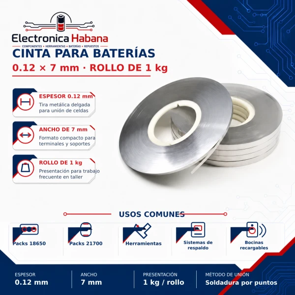 Cinta para Baterías 0.12 × 7 mm – Rollo de 1 kg's foto | Electrónica Habana |  BizneCubano