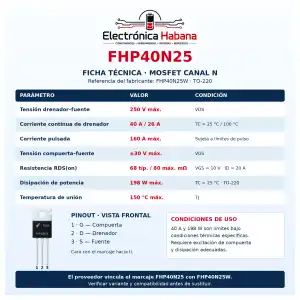 MOSFET FHP40N25 – Canal N, 250 V / 40 A, TO-220 miniatura 2