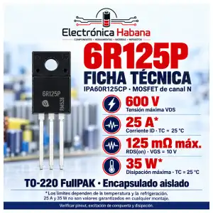 MOSFET 6R125P—IPA60R125CP, canal N, 600 V, TO-220 miniatura 2