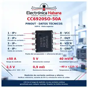 Sensor de Corriente Hall CC6920SO-50A – 5 V, SOP-8 miniatura 2