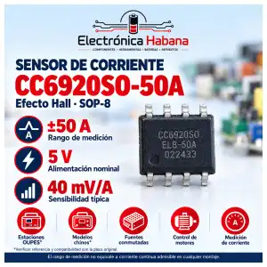 Sensor de Corriente Hall CC6920SO-50A – 5 V, SOP-8 miniatura 1