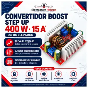 Convertidor DC-DC Boost STEP UP 400W 15A – Voltaje y Corriente Ajustables miniatura 1